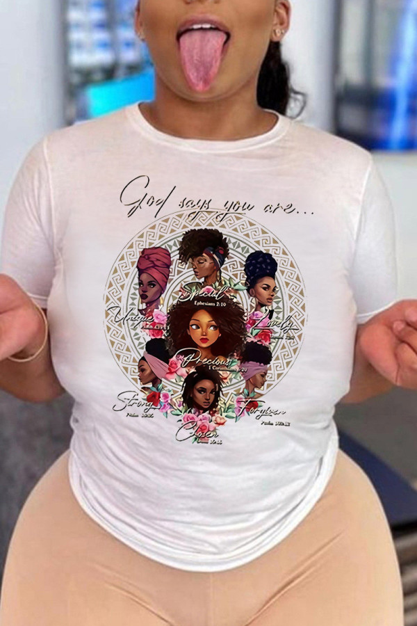 White Fashion Casual Print Basic O Neck T-Shirts
