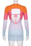 Multicolor Casual Striped Patchwork Backless O Neck Long Sleeve Dresses