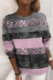 Pink Casual Striped Print Patchwork O Neck Tops
