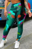 Blue Casual Camouflage Print Patchwork Regular High Waist Pencil Full Print Bottoms