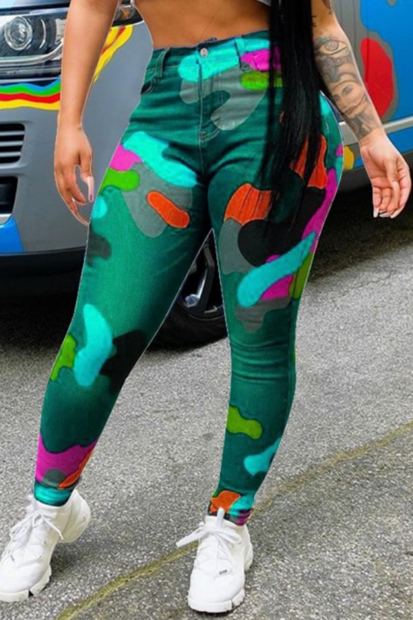 Blue Casual Camouflage Print Patchwork Regular High Waist Pencil Full Print Bottoms