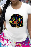 White Fashion Casual Print Basic O Neck T-Shirts