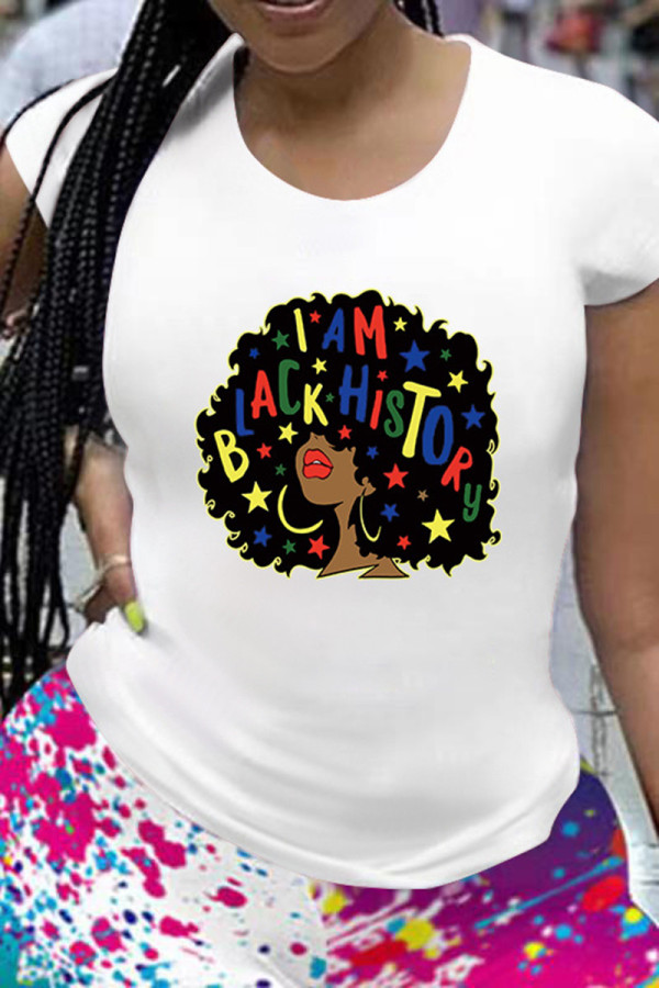 White Fashion Casual Print Basic O Neck T-Shirts