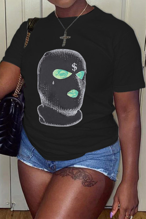 Black Fashion Casual Print Basic O Neck T-Shirts