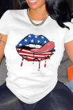 White Fashion Casual Lips Printed Basic O Neck T-Shirts