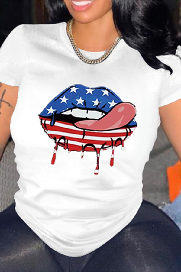 White Fashion Casual Lips Printed Basic O Neck T-Shirts