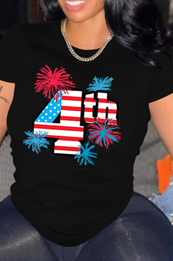 Black Fashion Casual Print Basic O Neck T-Shirts