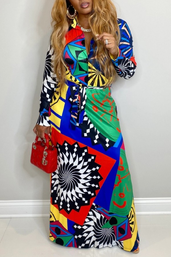 Blue Casual Print Patchwork Turndown Collar Long Sleeve Dresses