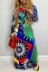 Blue Casual Print Patchwork Turndown Collar Long Sleeve Dresses