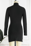 Black Sexy Solid Hollowed Out Patchwork Turtleneck Long Sleeve Dresses