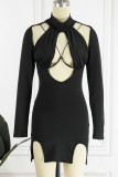 Black Sexy Solid Hollowed Out Patchwork Turtleneck Long Sleeve Dresses