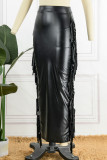 Black Casual Solid Tassel Patchwork Slit Skinny High Waist Conventional Solid Color Skirt