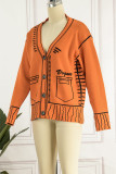 Rose Red Casual Patchwork Cardigan V Neck Outerwear