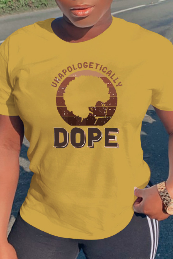 Yellow Fashion Casual Print Basic O Neck T-Shirts