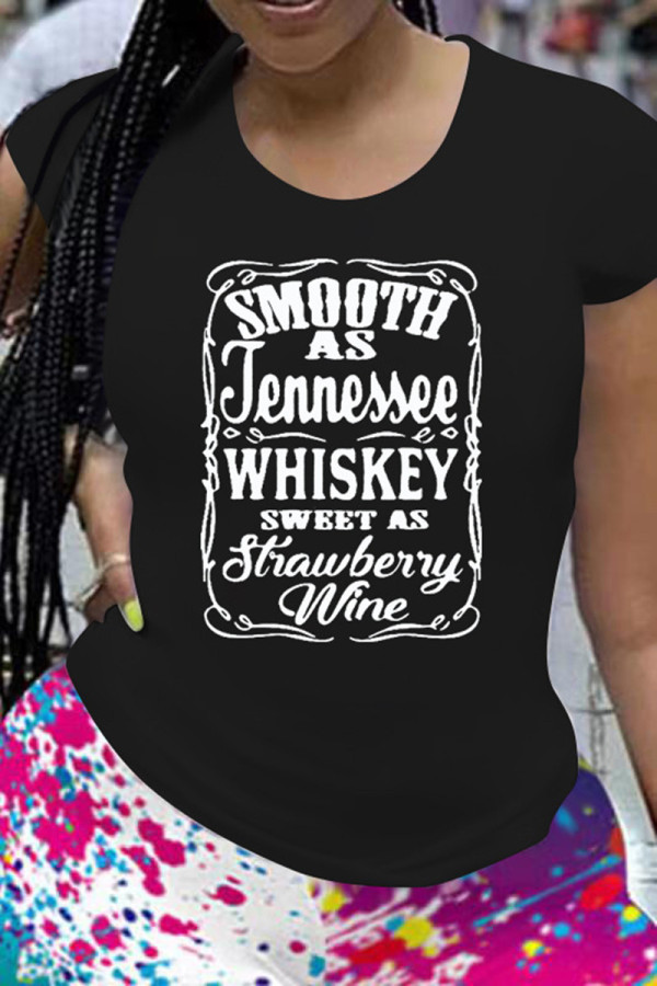 Black Fashion Casual Print Basic O Neck T-Shirts