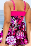 Rose Red Sexy Print Patchwork Backless Swimwears (With Paddings)