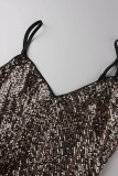 Black Gold Sexy Patchwork Tassel Sequins Patchwork Backless Spaghetti Strap Sleeveless Dress Dresses