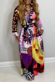 Blue Casual Print Patchwork Turndown Collar Long Sleeve Dresses