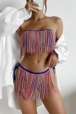 Blue Sexy Patchwork Tassel Bandage Backless Swimwears (With Paddings)