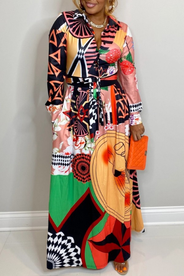 Yellow Casual Print Patchwork Turndown Collar Long Sleeve Dresses