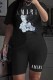 Black Street Character Print Letter O Neck Short Sleeve Two Pieces