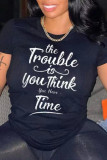 Black Fashion Casual Letter Print Basic O Neck T-Shirts