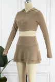 Khaki Casual Solid Patchwork Hooded Collar Long Sleeve Two Pieces (Without Underwear)