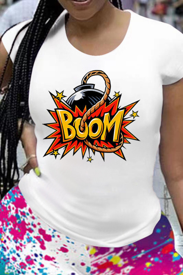 White Fashion Casual Print Basic O Neck T-Shirts