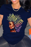 Navy Blue Casual Print Patchwork O Neck T-Shirts