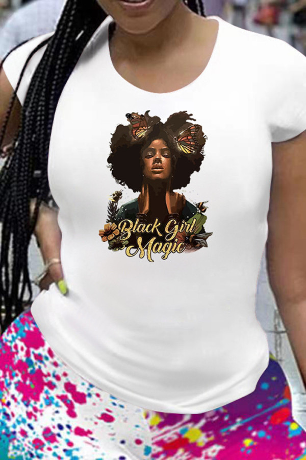 White Fashion Casual Print Basic O Neck T-Shirts
