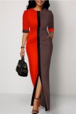 Red Casual Print Patchwork Slit O Neck One Step Skirt Dresses