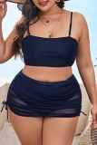 Black Sexy Solid Leopard Patchwork Backless Spaghetti Strap Plus Size Swimwear Three Piece Set (With Paddings)