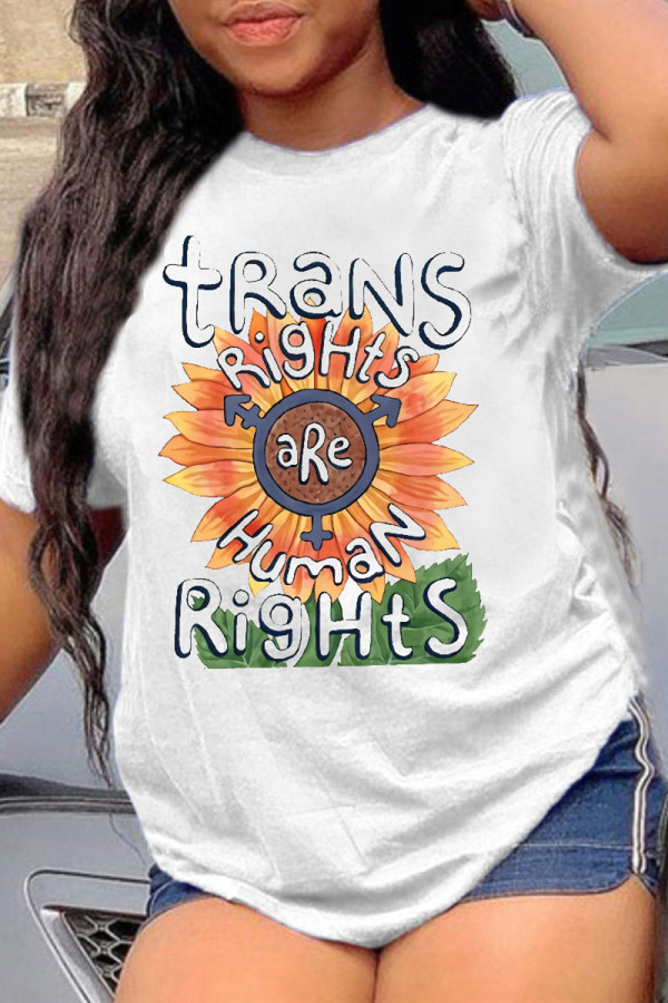 White Fashion Casual Print Basic O Neck T-Shirts