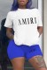 Blue Casual Print Letter O Neck Short Sleeve Two Pieces