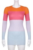 Multicolor Casual Striped Patchwork Backless O Neck Long Sleeve Dresses