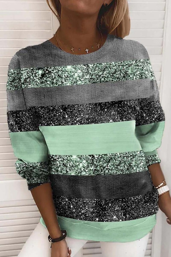 Green Casual Striped Print Patchwork O Neck Tops