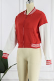 Red Casual Patchwork Cardigan Contrast Outerwear
