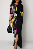 Red Casual Print Patchwork Slit O Neck One Step Skirt Dresses