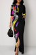Black Casual Print Patchwork Slit O Neck One Step Skirt Dresses