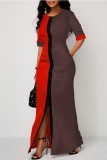Red Casual Print Patchwork Slit O Neck One Step Skirt Dresses