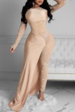 Apricot Casual Patchwork Hot Drilling See-through O Neck Plus Size Jumpsuits