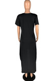 Black Casual Print Asymmetrical O Neck Short Sleeve Dress Plus Size Dresses