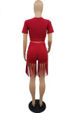 Red Sexy Solid Tassel O Neck Short Sleeve Two Pieces
