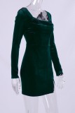 Ink Green Sexy Casual Solid Bandage Backless Square Collar Long Sleeve Dresses