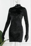 Black Casual Solid Basic Turtleneck Long Sleeve Dresses