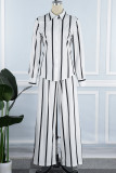 Blue Casual Striped Print Basic Turndown Collar Long Sleeve Two Pieces