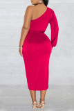 Red Casual Solid Patchwork Backless Oblique Collar Long Sleeve Dresses