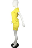 Yellow Casual Solid Basic O Neck Short Sleeve Two Pieces