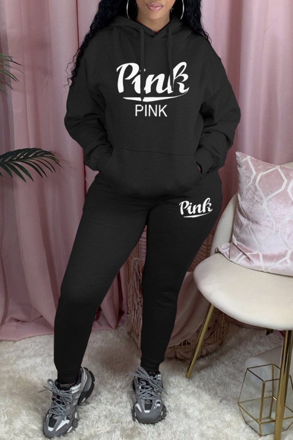 Black Casual Letter Print Basic Hooded Collar Long Sleeve Two Pieces