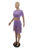 Light Purple Sexy Solid Tassel O Neck Short Sleeve Two Pieces